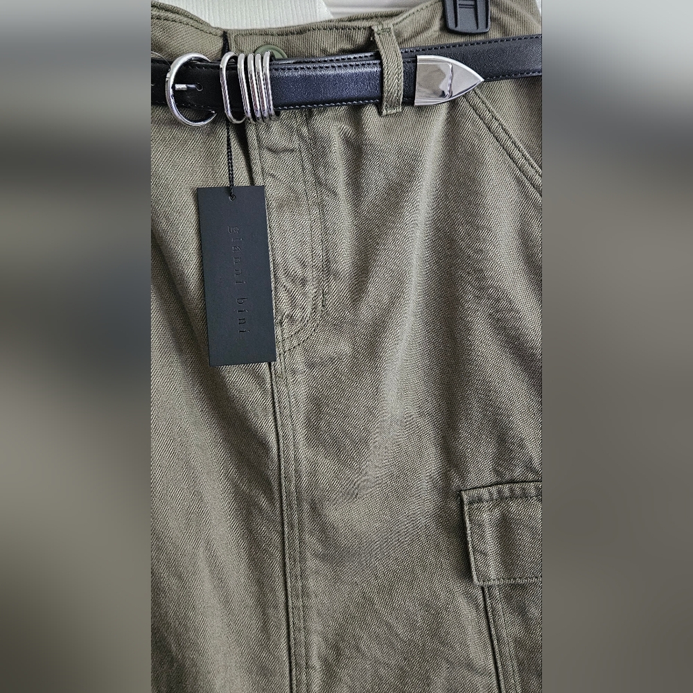 Gianni Bini High Rise Belted Midi Denim Cargo Skirt: Color:Olive/Black: Size- 30